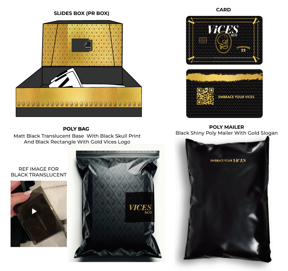 ViCES & Co. packaging detail: gold-lined PR slides box, branded card, matte black poly bag and gloss poly mailer
