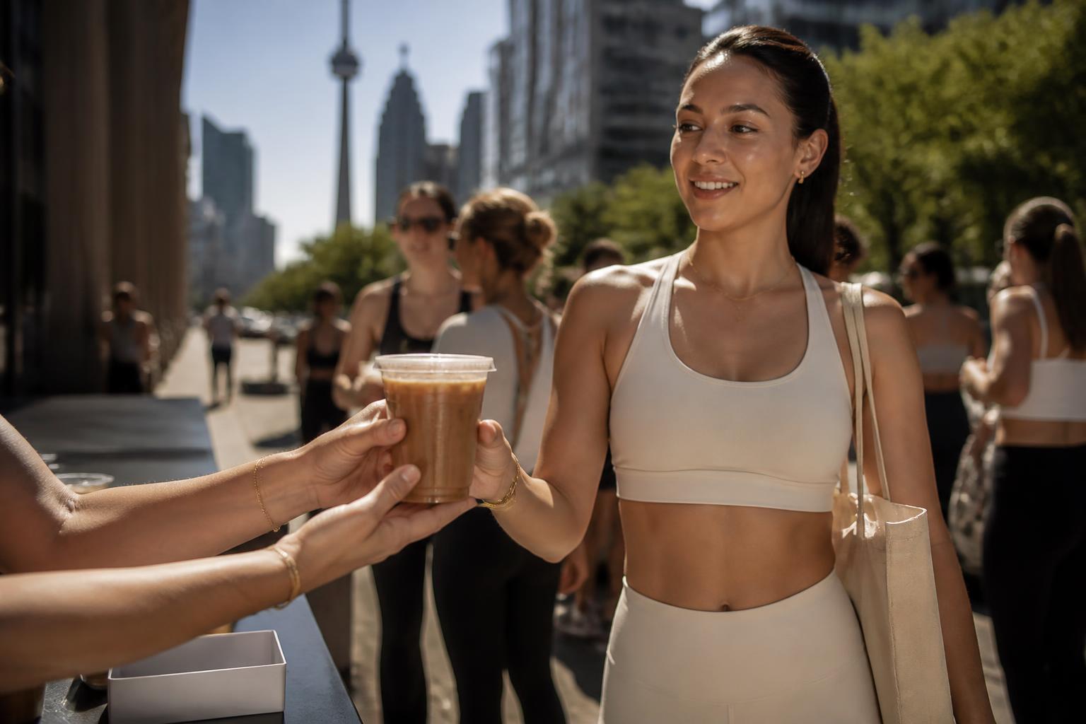 Iced drinks handed to members at a sponsor stop mid-route