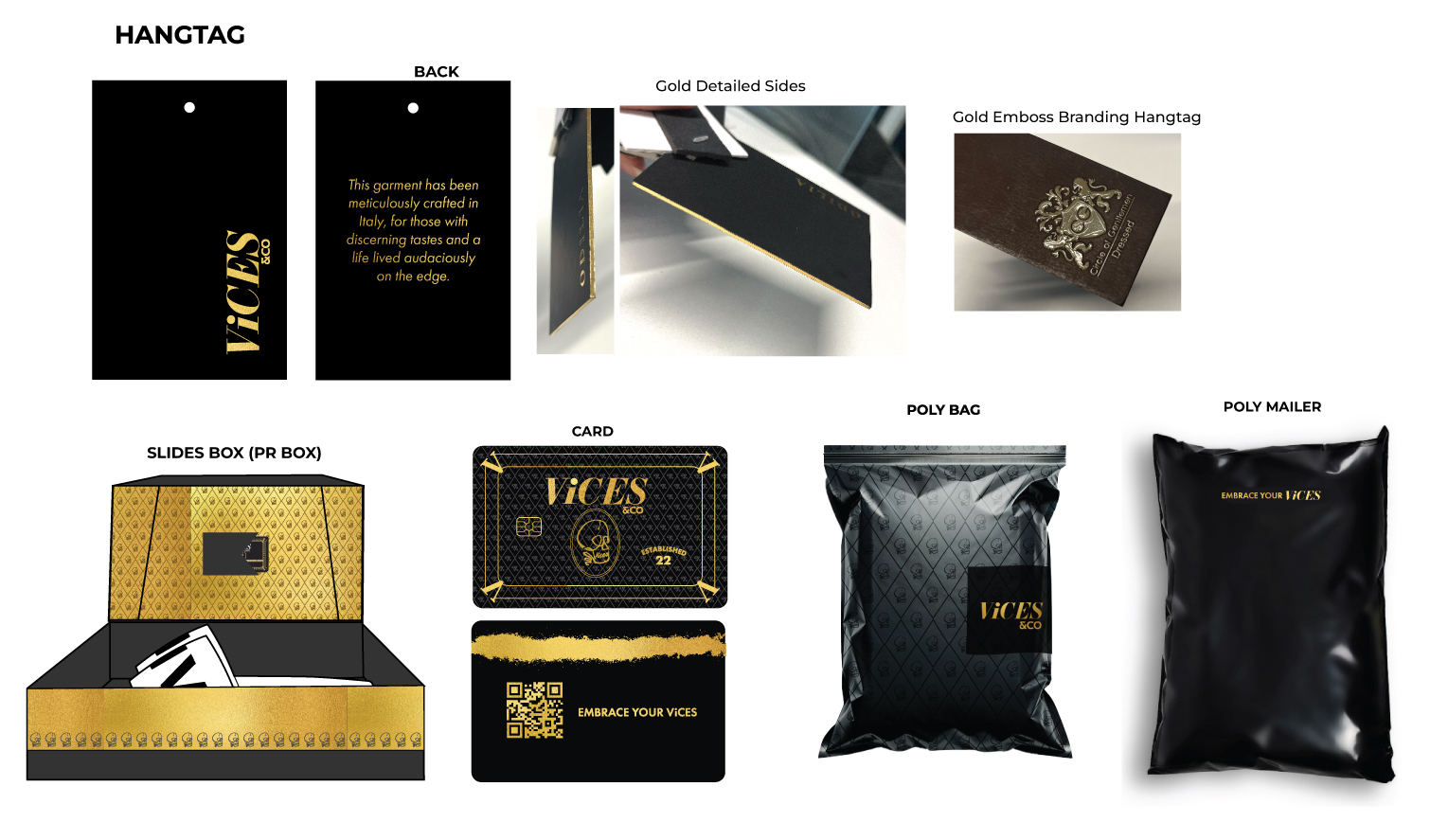 ViCES & Co. packaging system: hangtags, PR slide box, member card, poly bag and poly mailer in black and gold